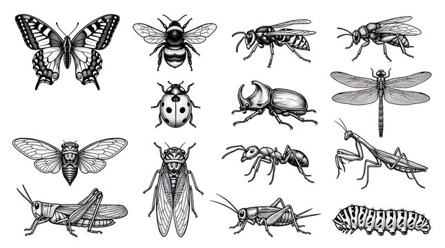 Black ink insect collection vintage style isolated on transparent background