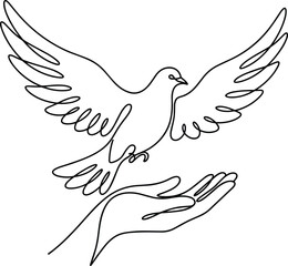 Fototapeta premium Concept of hope and harmony showing a flying dove bird rising up gently from a human hand