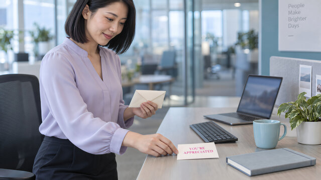 Employee Writing Valentine Appreciation Card at Office Desk