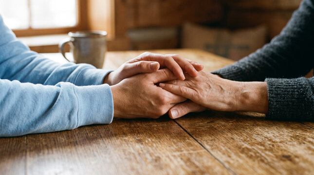 Closeup of two people holding hands on a wooden table, showing support, comfort, and emotional connection between two individuals