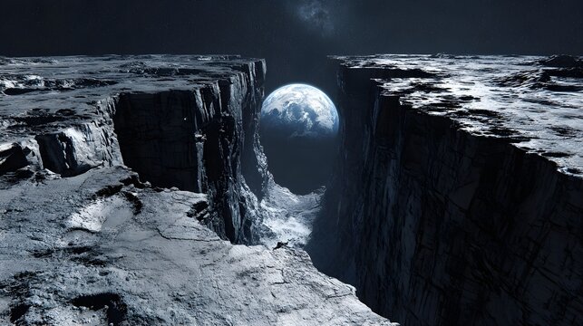 Lunar cliff chasm with Earth rising on horizon over rocky surface