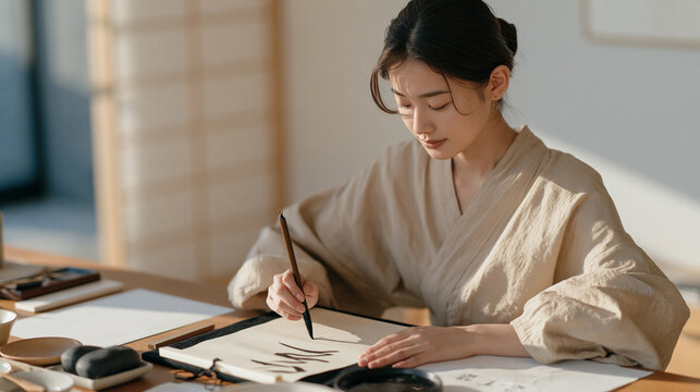 Wide view of a Japanese woman practicing calligraphy alone in a spare sunlit room, each brushstroke deliberate and meditative, skill mastery concept, patience and focus,