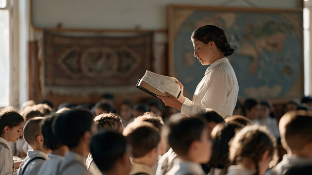 Armenian Sunday school classroom with rows of children reciting a memorized verse in unison, teacher holding open Bible aloft, traditional embroidered fabric hanging on the wall