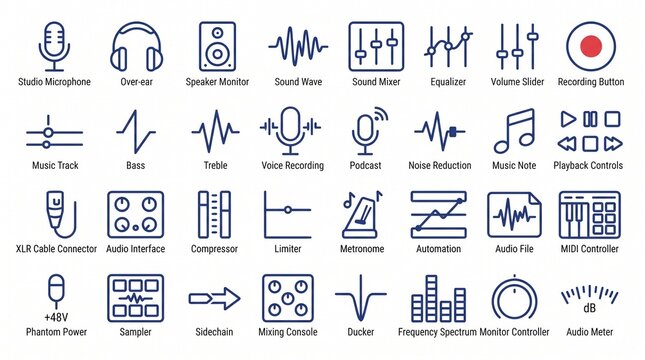 Professional audio studio and sound production icon set with text labels