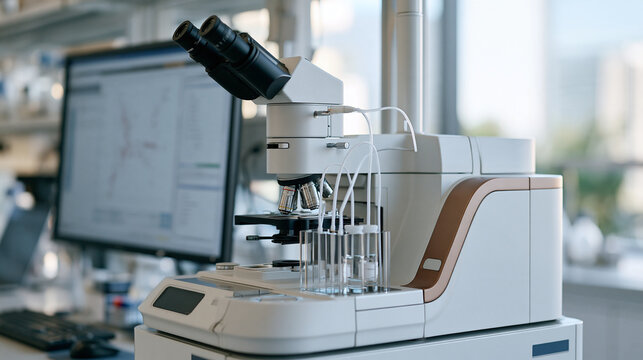 Automated flow cytometry analyzer processing fluorescently labeled white blood cell samples in immunology research lab, scatter plot data on screen, lymphocyte phenotyping,