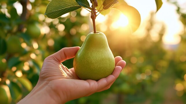 A single green pear rests in a persons palm within a sunlit orchard.