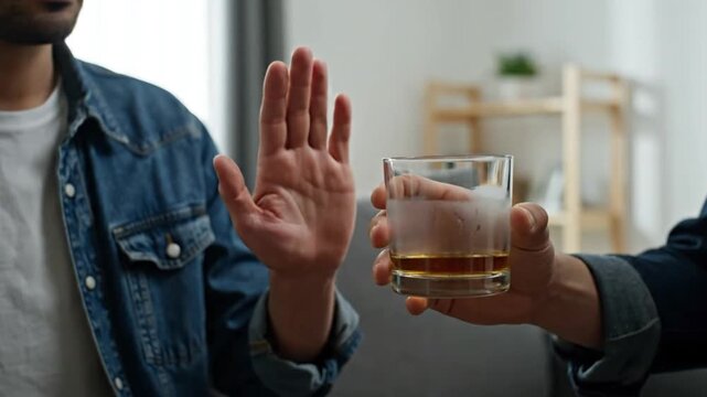 Man Making a Stop Gesture and Refusing a Glass of Whiskey for Healthy Lifestyle and Alcohol Addiction Recovery Concept