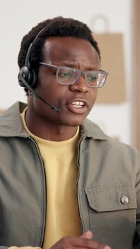 Logistics, chat or black man in office with headset, order management or crm support for webshop. Distribution, telecom or agent with mic, customer service or delivery tracking for online store.