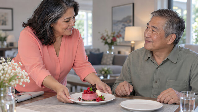 Mature Couple Sharing Valentine Dessert at Home