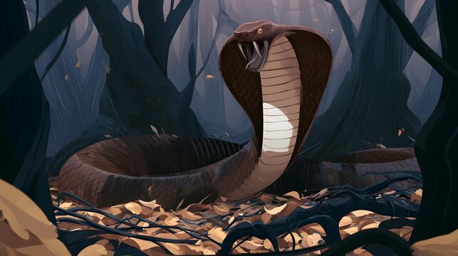 Cobra snake with flared hood in a dark forest on fallen leaves