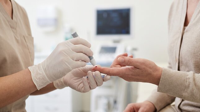 Healthcare worker pricking adult patient finger to collect blood sample for glucose test in clean clinic
