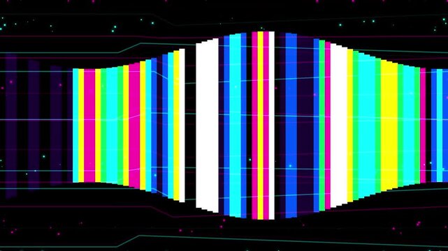 Abstract retro test pattern screen in tunnel motion with colorful bars and digital grid overlay.