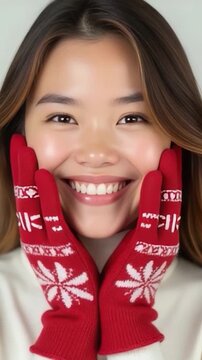 A woman wearing a white sweater and red mittens, likely outdoors