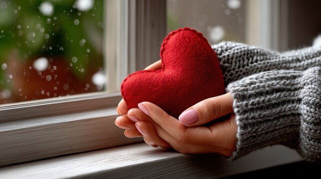 Closeup of hands cradling a red heart in a grey knit sweater at a snow-speckled window for winter comfort, tenderness and seasonal love visuals