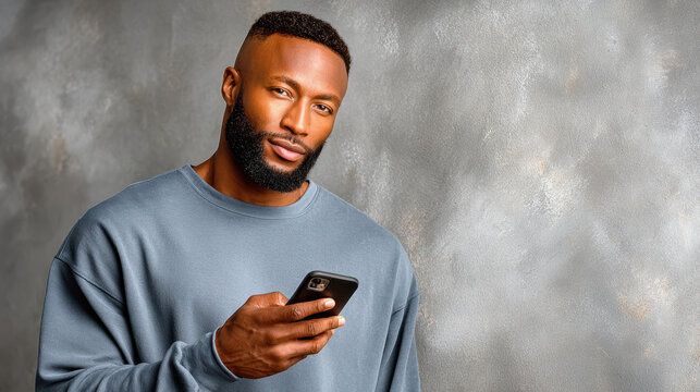 Man in muted blue long sleeve holding smartphone checking cheap summer flight deals on a neutral textured background for travel booking and last-minute fare comparison