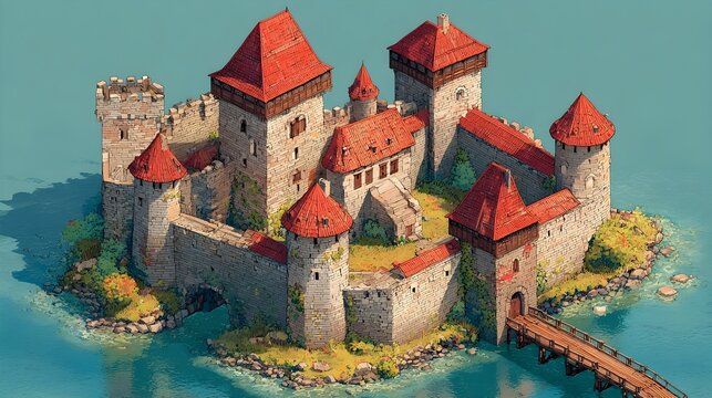 walled castle with red conical roofs on tiny seaside island