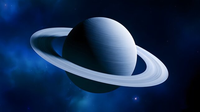 Large planet with rings in deep space with blue nebulae