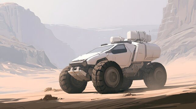 White off-road exploration vehicle in a dusty desert canyon