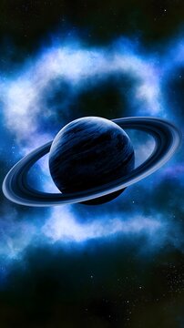 Ringed planet in deep space with blue nebula and stars