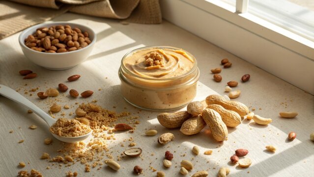 Creamy peanut butter in a glass jar surrounded by roasted peanuts and crumbs on a sunlit surface.