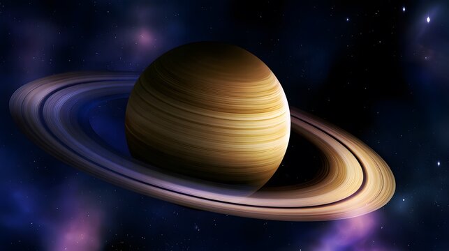 Ringed gas giant planet in deep space with cosmic nebulae