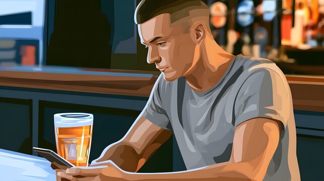 Man in grey t-shirt holding beer glass and using smartphone at bar