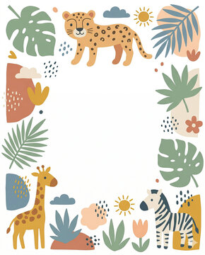 Safari baby nursery with leopard giraffe zebra. Tropical leaves flowers and sun decorate it. Cute boho animal frame with copyspace.