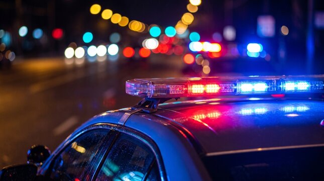 Police car emergency light bar flashing at night on city street
