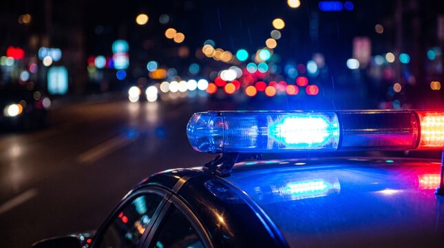 Police car emergency blue and red lights flashing at night on a blurry city street background