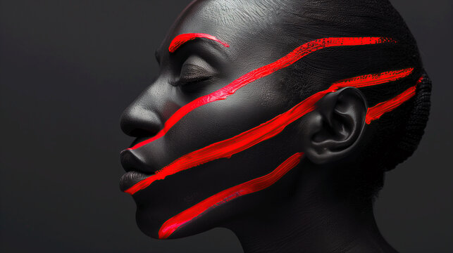 Side view of a smiling individual with black body paint and red lines wrapped around head. Concept of freedom, breaking barriers, and inner joy through art.