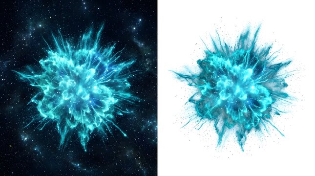 An abstract depiction of turquoise energy exploding with dynamic light trails and a vibrant burst effect against dark and white backgrounds
