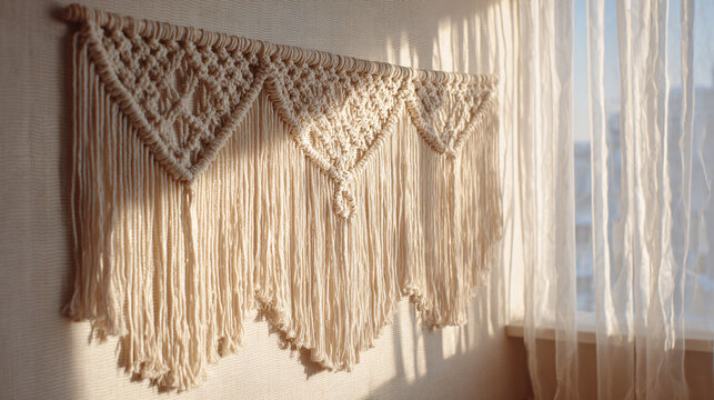 Macrame curtain hangs gracefully near a window to catch the warm golden hour sunlight, creating beautiful geometric patterns on the wall that enhance the cozy atmosphere.