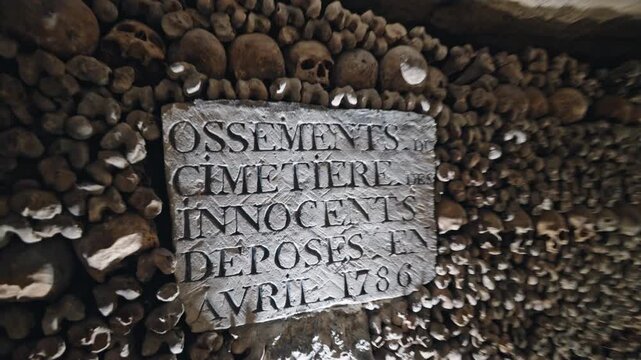 Stone inscription pillar divides a long tunnel of tightly packed remains in the Catacombes de Paris, lit by stark underground lamps.