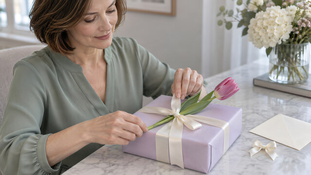 Woman Tying Ribbon on Lavender Valentine Gift Box