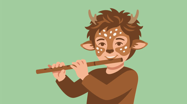 Boy wearing deer costume playing wooden flute against green background cartoon illustration.