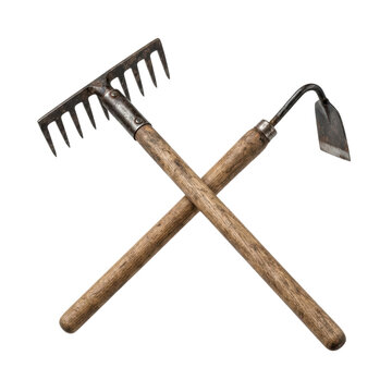 Two wooden garden rake and hoe crossed on a neutral background isolated on transparent background