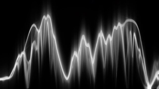 Distorted white audio signal over vibrating line texture, analog noise seamless vj loop for sound engineering and audio studio visuals