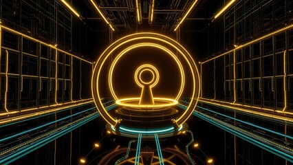 Fototapeta premium Futuristic tunnel glows. Neon lines form key symbol. Dark background emphasizes bright illumination, creating digital aesthetic.