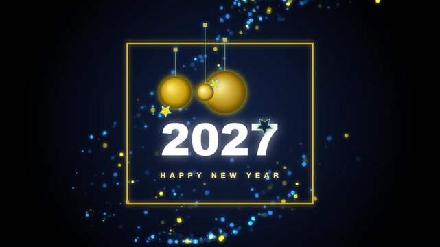 Happy New Year 2027 With Golden Ornaments And Blue Sparkles