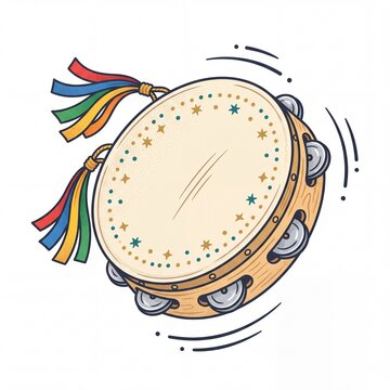 Colorful Hand-Drawn Tambourine Illustration with Ribbons and Stars