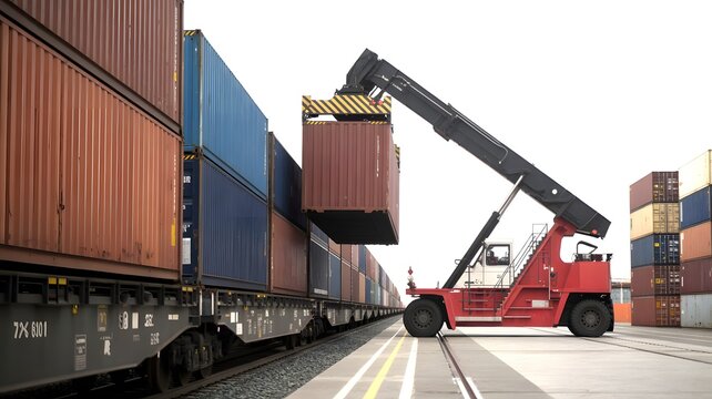 Container Crane Loading Cargo onto Freight Train at Intermodal Shipping Terminal