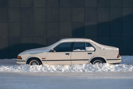 Classic White Luxury Sedan Driving Through Snowy Winter Landscape