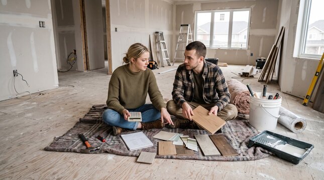 Young couple selecting flooring materials in a home renovation project  
