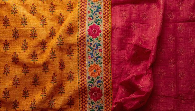 Traditional Indian textile fabric featuring vibrant floral embroidery and block print patterns on yellow and magenta silk, showcasing rich cultural craftsmanship and detailed design.