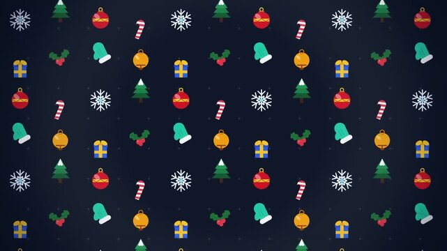 A festive motion graphic background featuring a seamless repeating pattern of Christmas ornaments trees snowflakes gifts mittens and candy canes on a dark blue surface