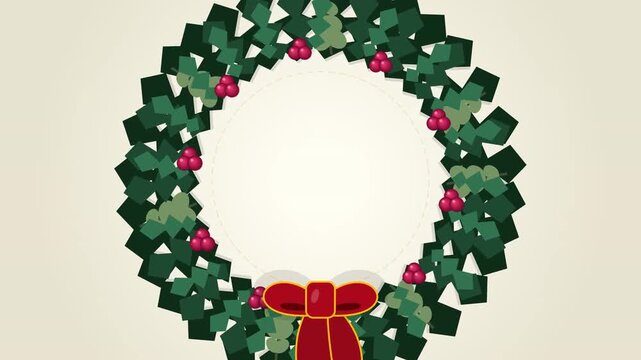 Festive Christmas wreath animation featuring holly leaves and red berries with a central copy space frame and a classic red ribbon bow for holiday greeting cards.