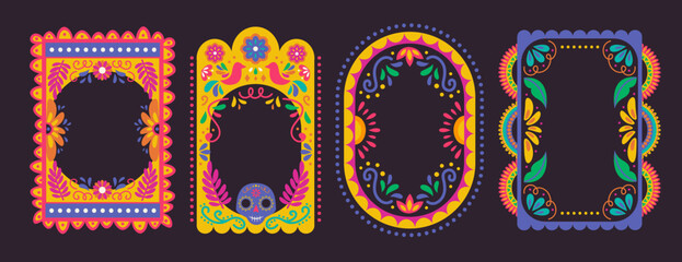Fototapeta premium Mexican frame with picado border patterns and traditional Mexico design elements. Vector hispanic art with floral ornaments, fiesta banners and folklore craft for celebration posters and invitations.