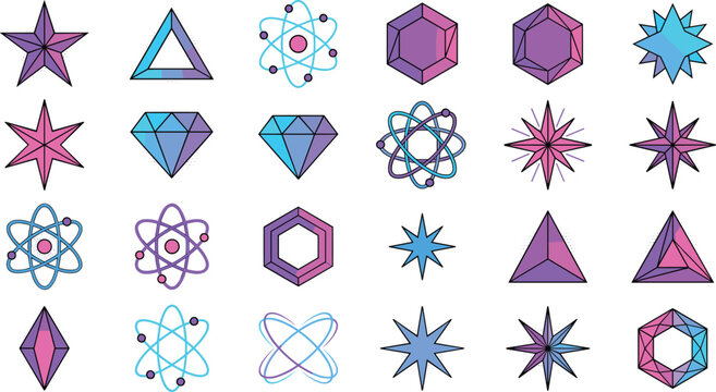 Modern Geometric Icon Set Featuring Colorful Abstract Shapes, Stars, Diamonds, and Atomic Symbols in Pink and Blue Tones