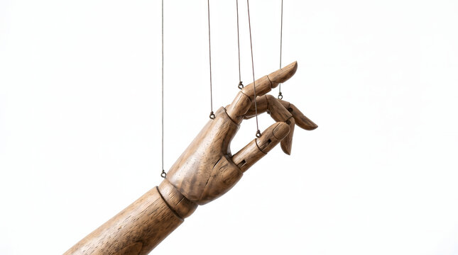 Carved wooden artist mannequin hand controlled by puppet marionette strings attached to fingers isolated on clean white background for concept of authority guidance and hidden manipulation