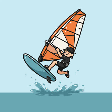 Cartoon windsurfer in a cap jumping over the water on an orange and white sail board, vector illustration